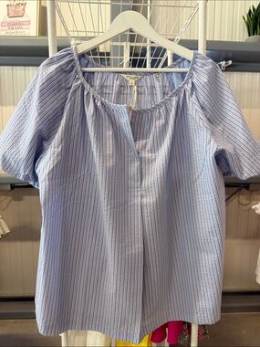 Max Studio Light Blue Pinstripe Short Sleeve Peasant Top